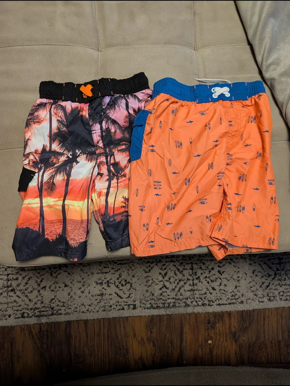 Set Of 2 Kids Swim Trunks - Orange & Black Sunset and Bright Orange Surf